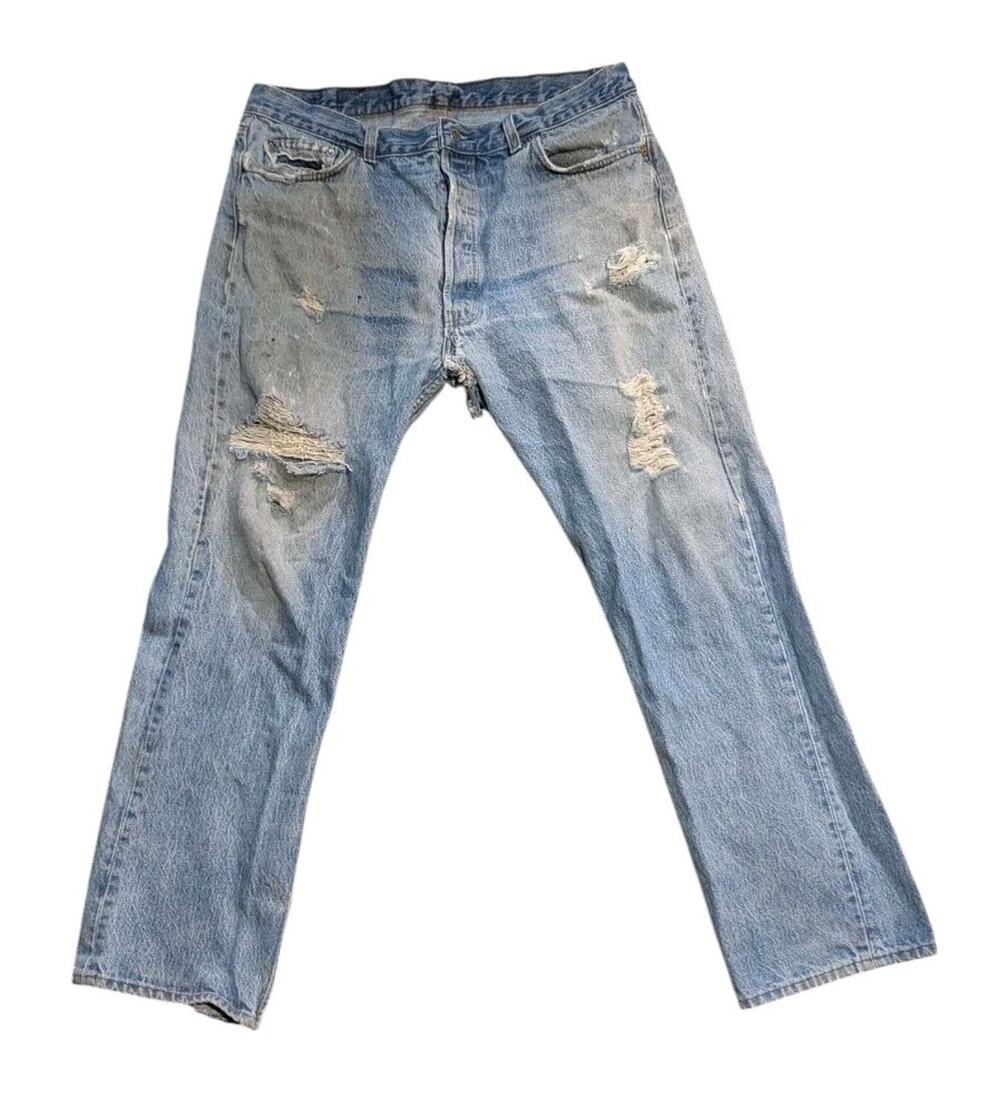Levis 501 38x30 Denim Blue Jeans Red Tab Distressed USA Vintage Worn 80s #528